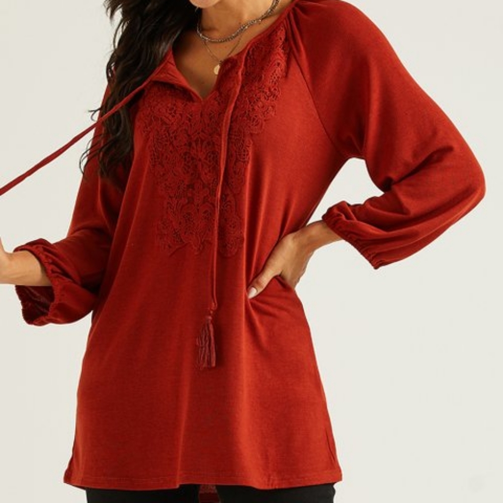 Suzanne Betro Rust Tie-Neck Lace-Front Tunic - Women